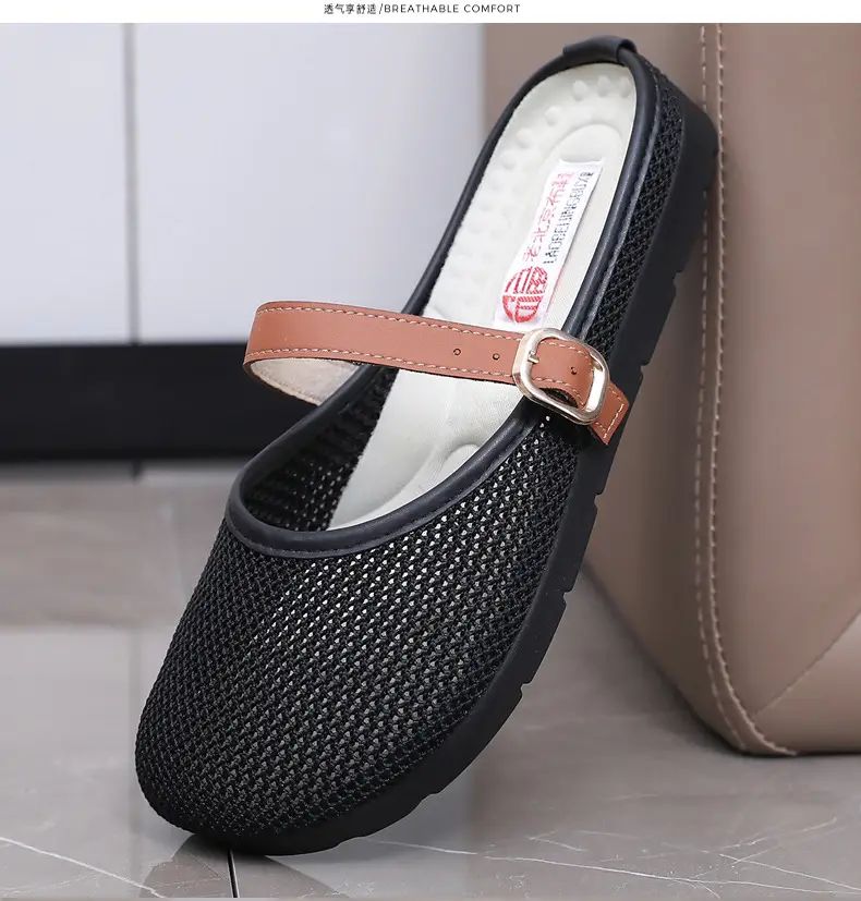 2025 New Summer Style Fly-Knit Mesh Bread-Toe Half Slippers, Breathable and Versatile Women's Outer Wear Slip-On Fishnet Sandals — feature 30