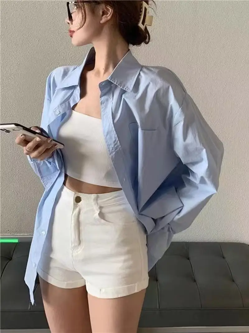 Cross-Border Women's Shirts with Layered Tops for Spring and Summer Korean Style Loose Sun Protection Polo Collar Long-Sleeved Shirt Jackets — feature 7