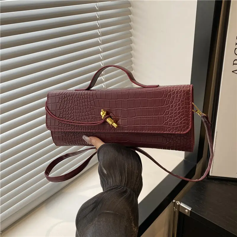 Maroon Croc Leather Crossbody Bag for Women - Image 5