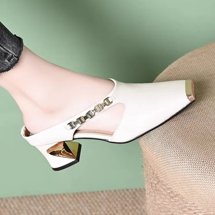 French Half Slippers Women's Soft Leather Toe Cap 2025 New Summer Square Toe Flats Mule Shoes Retro Outer Wear Sandals - Image 2