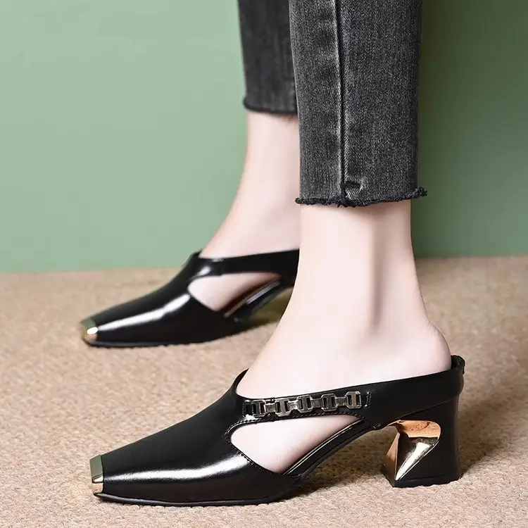 French Half Slippers Women's Soft Leather Toe Cap 2025 New Summer Square Toe Flats Mule Shoes Retro Outer Wear Sandals - Image 3
