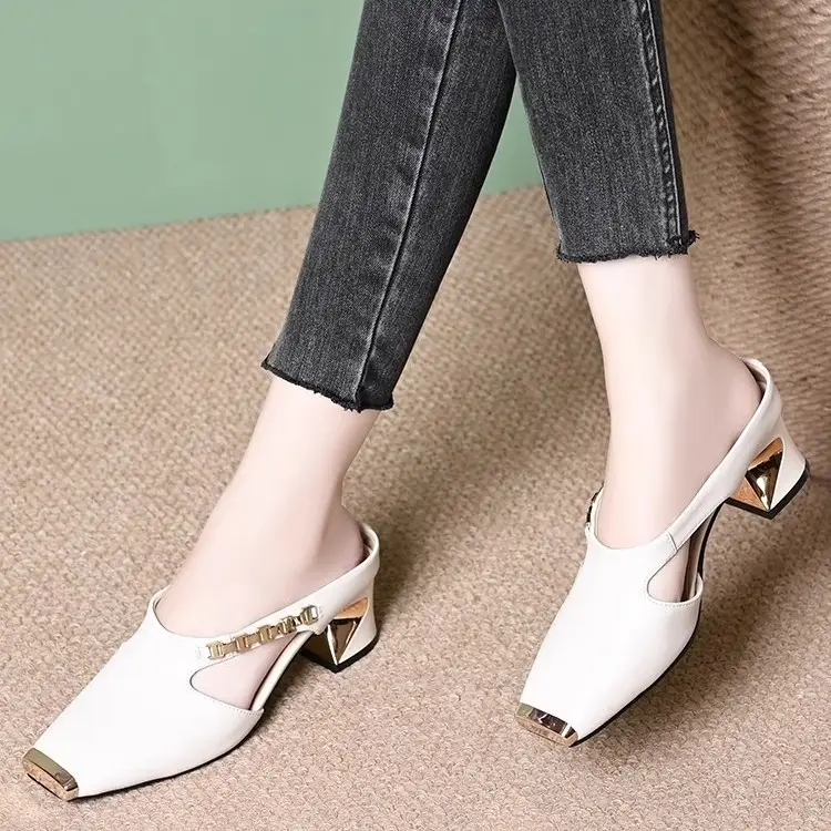French Half Slippers Women's Soft Leather Toe Cap 2025 New Summer Square Toe Flats Mule Shoes Retro Outer Wear Sandals - Image 4
