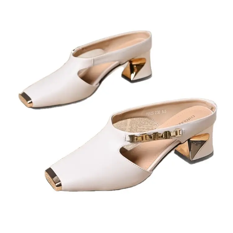 French Half Slippers Women's Soft Leather Toe Cap 2025 New Summer Square Toe Flats Mule Shoes Retro Outer Wear Sandals - Image 5