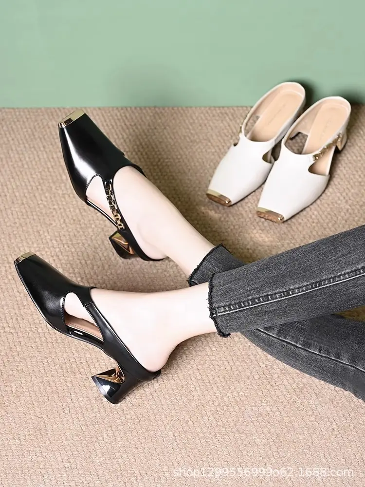 French Half Slippers Women's Soft Leather Toe Cap 2025 New Summer Square Toe Flats Mule Shoes Retro Outer Wear Sandals — feature 2