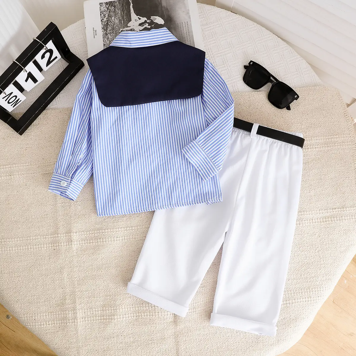 Boys Striped 4-Piece Summer Set Blue White Belted Pants - Image 2