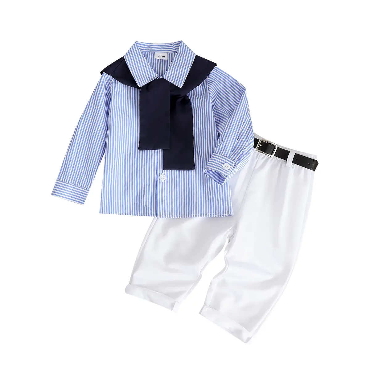 Boys Striped 4-Piece Summer Set Blue White Belted Pants - Image 5