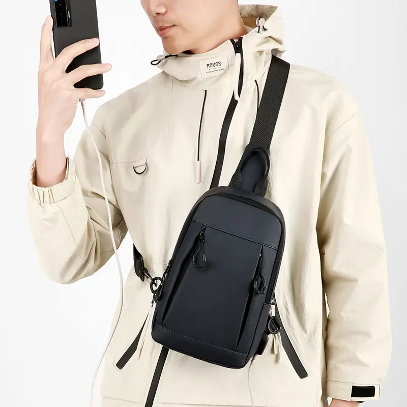 Men's Black Membrane Crossbody Backpack with USB Charging - Image 6