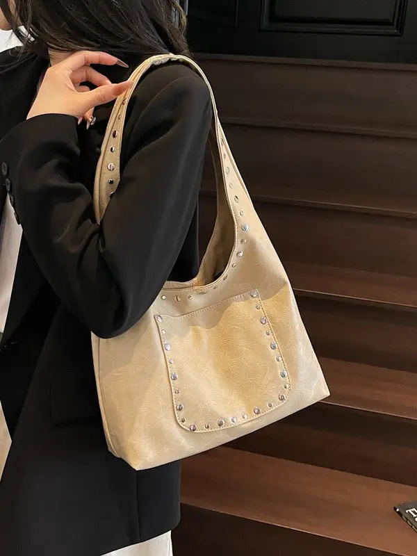 Women's Beige Textured Shoulder Bag with Studded Details - Image 5
