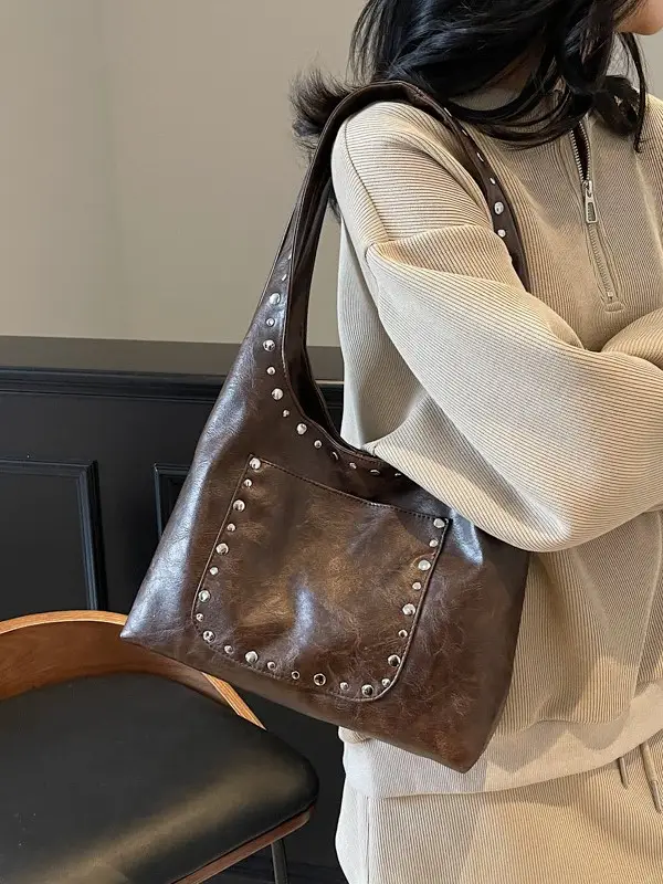 Women's Beige Textured Shoulder Bag with Studded Details - Image 6