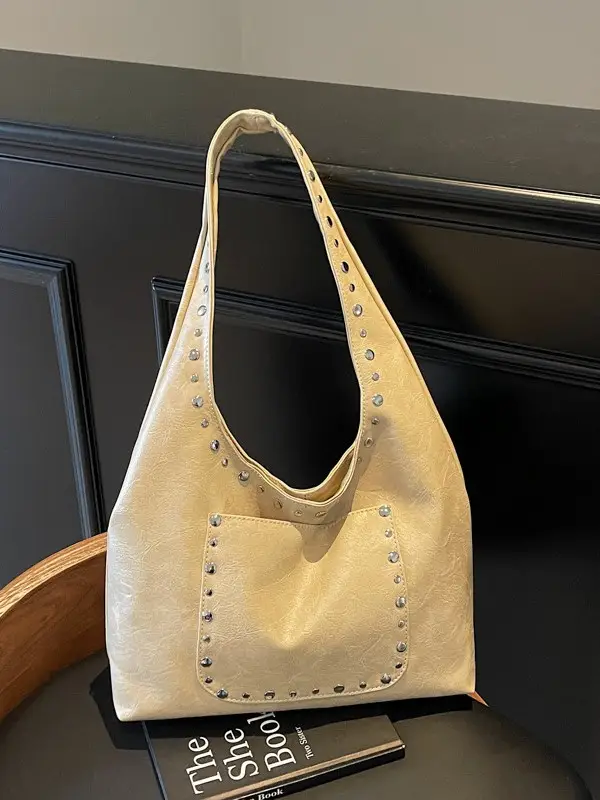 Women's Beige Textured Shoulder Bag with Studded Details - Image 7