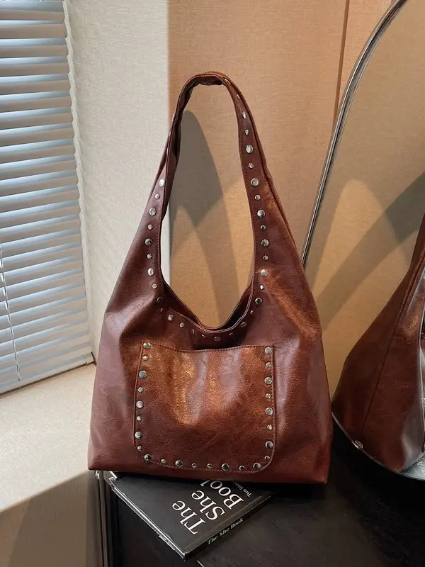 Women's Beige Textured Shoulder Bag with Studded Details - Image 8