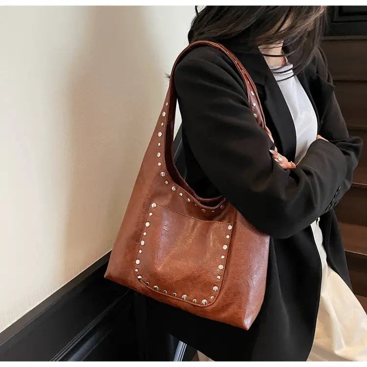Women's Beige Textured Shoulder Bag with Studded Details — feature 10