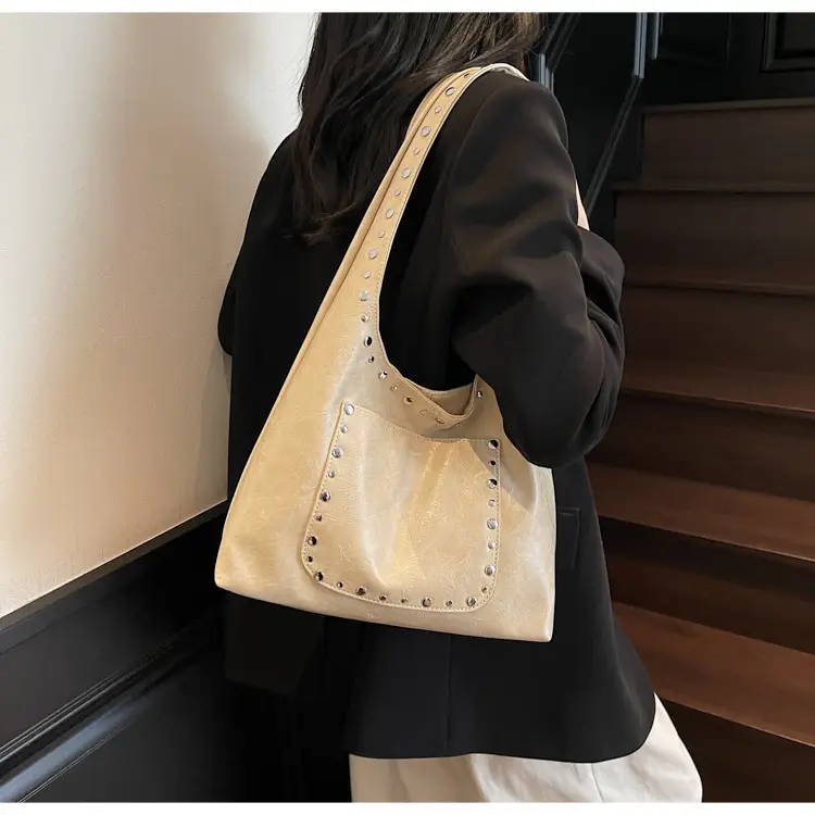 Women's Beige Textured Shoulder Bag with Studded Details — feature 11