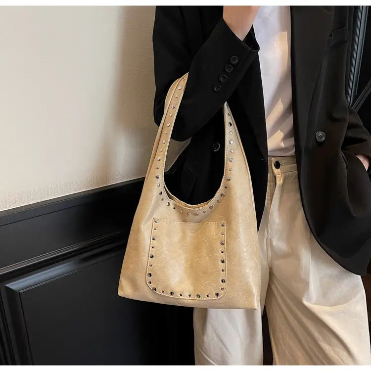 Women's Beige Textured Shoulder Bag with Studded Details — feature 12