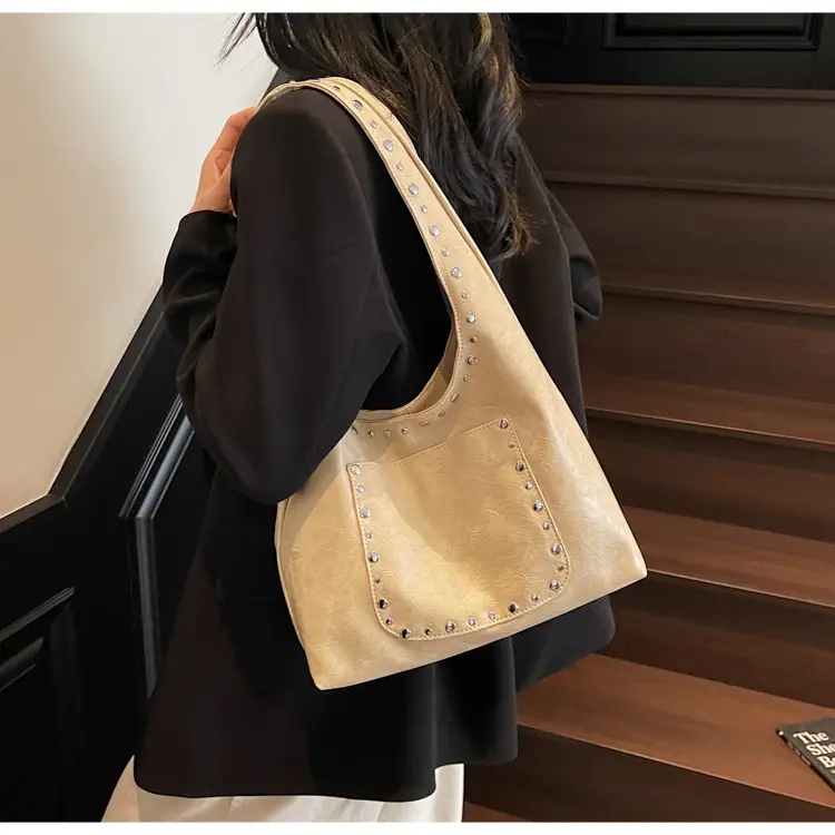 Women's Beige Textured Shoulder Bag with Studded Details — feature 13