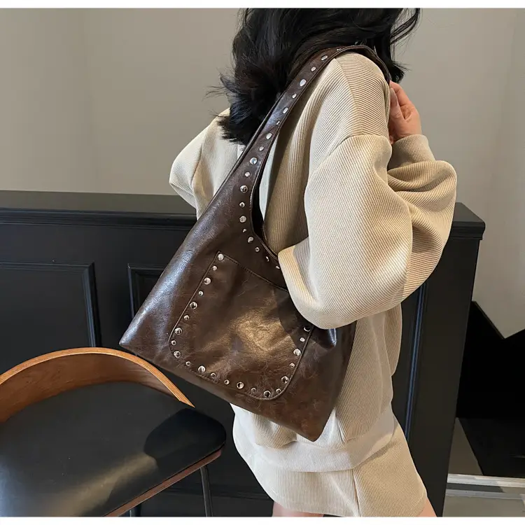 Women's Beige Textured Shoulder Bag with Studded Details — feature 14