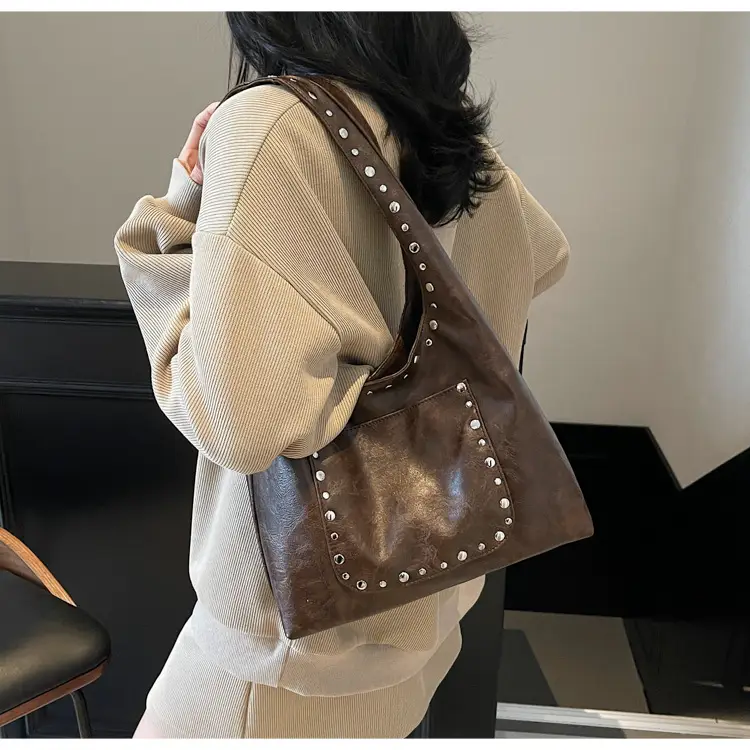 Women's Beige Textured Shoulder Bag with Studded Details — feature 15