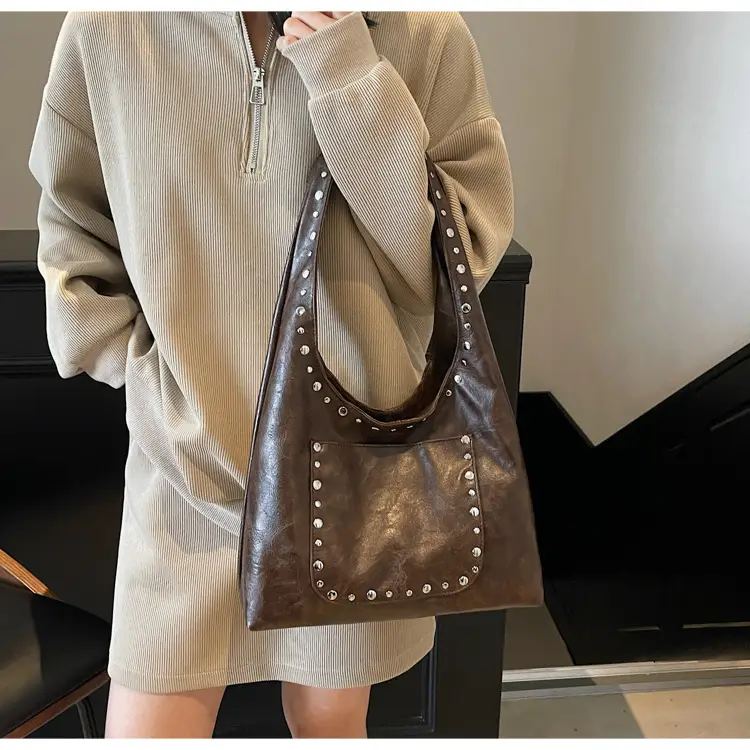 Women's Beige Textured Shoulder Bag with Studded Details — feature 16