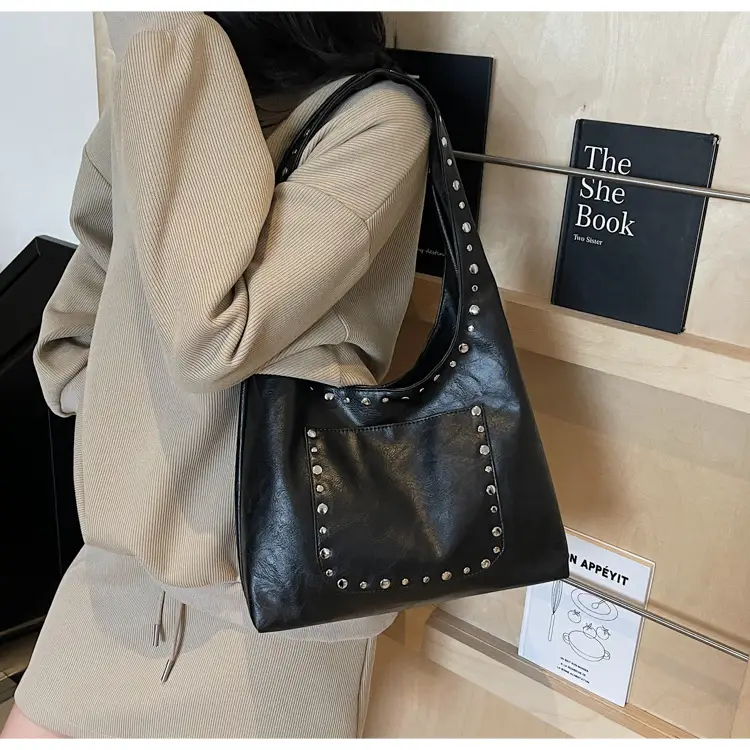 Women's Beige Textured Shoulder Bag with Studded Details — feature 19