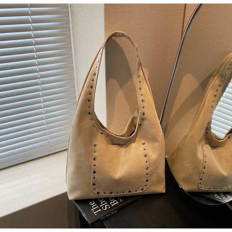 Women's Beige Textured Shoulder Bag with Studded Details — feature 21