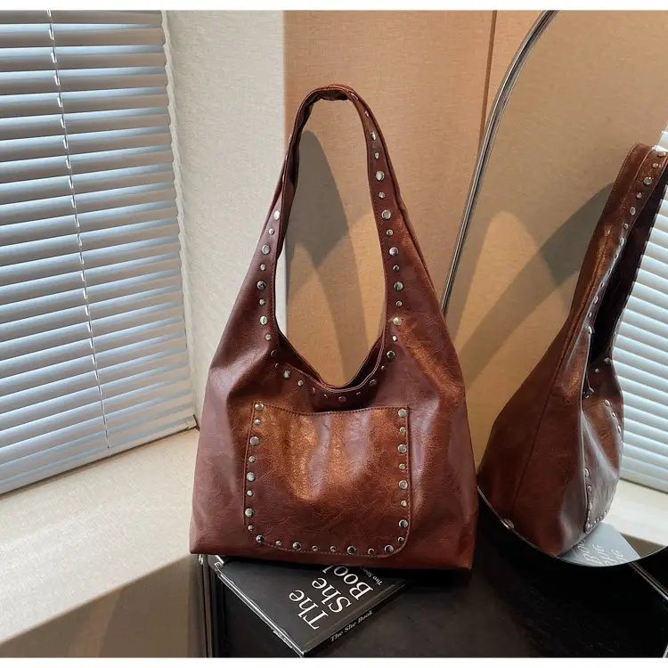 Women's Beige Textured Shoulder Bag with Studded Details — feature 23