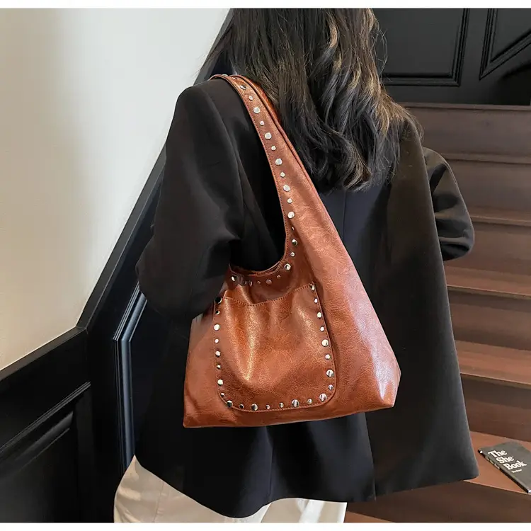 Women's Beige Textured Shoulder Bag with Studded Details — feature 8