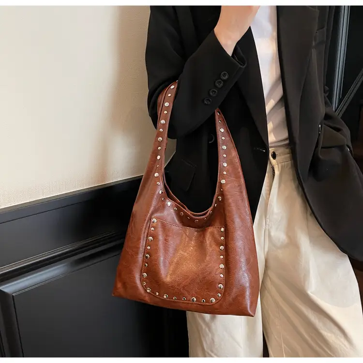 Women's Beige Textured Shoulder Bag with Studded Details — feature 9