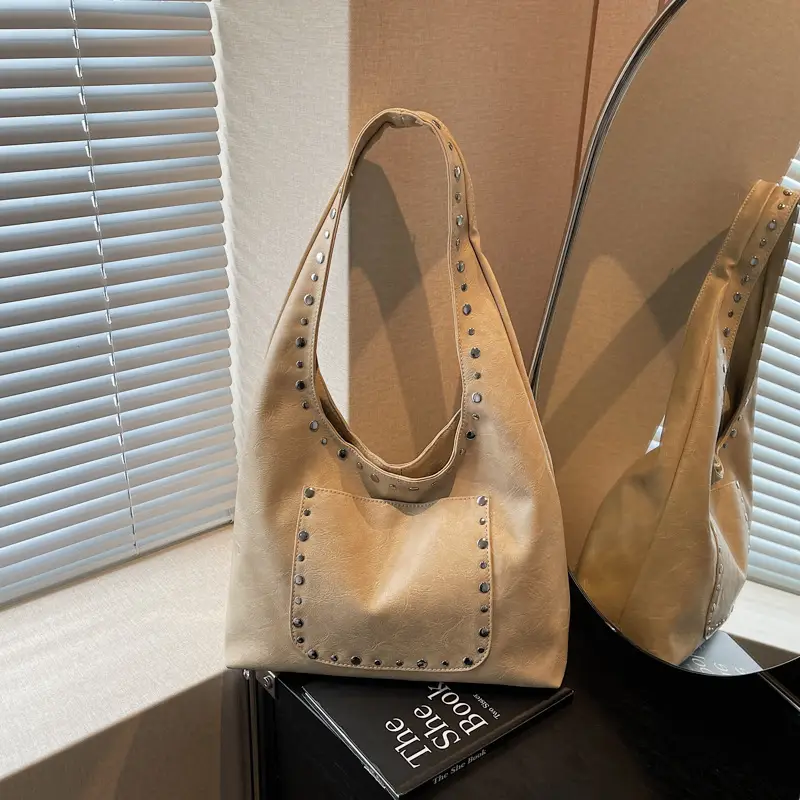 Women's Beige Textured Shoulder Bag with Studded Details - Image 2