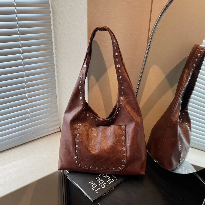 Women's Beige Textured Shoulder Bag with Studded Details - Image 3