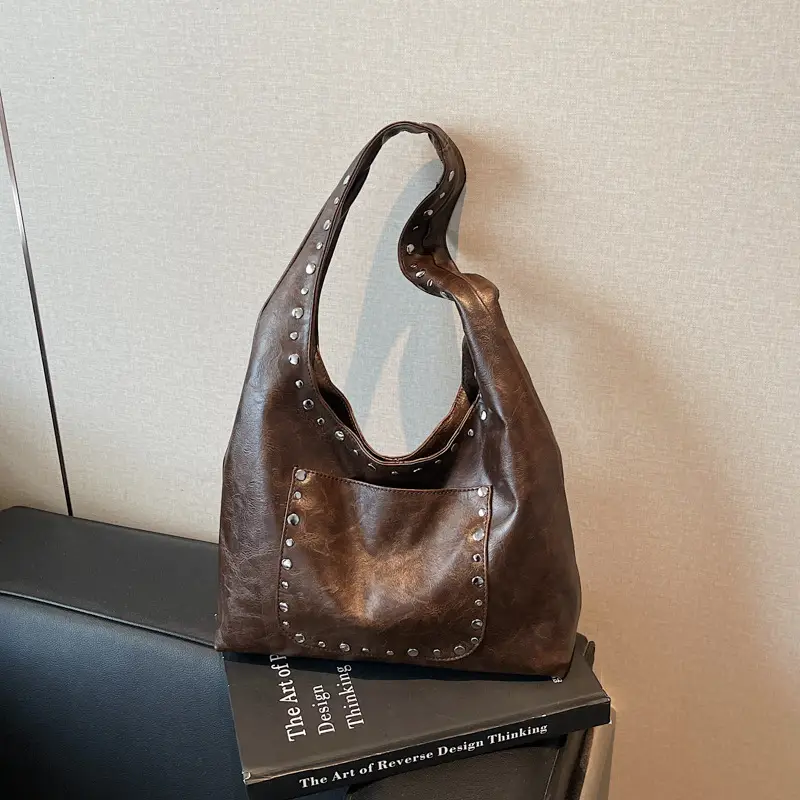 Women's Beige Textured Shoulder Bag with Studded Details - Image 4