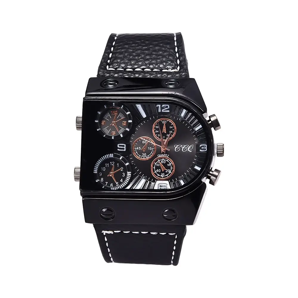 Quartz Watch with 3 Movements Black Leather Strap - Image 6