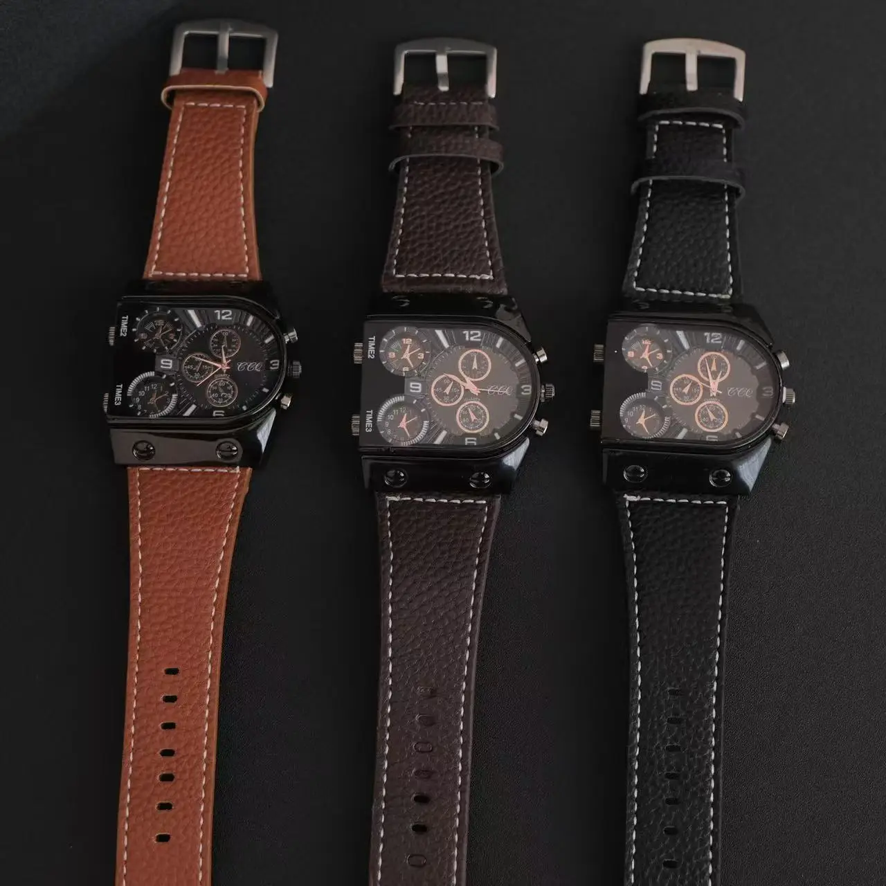 Quartz Watch with 3 Movements Black Leather Strap - Image 8