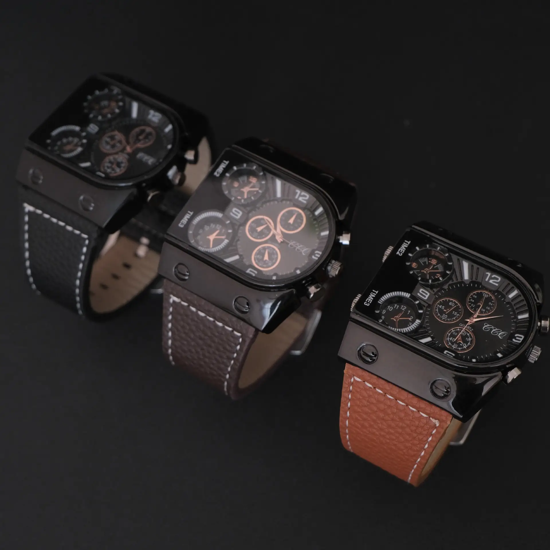 Quartz Watch with 3 Movements Black Leather Strap - Image 9