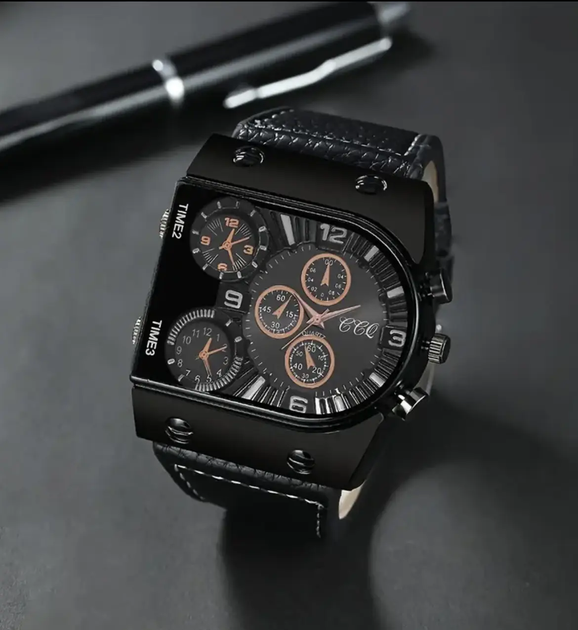 Quartz Watch with 3 Movements Black Leather Strap - Image 2