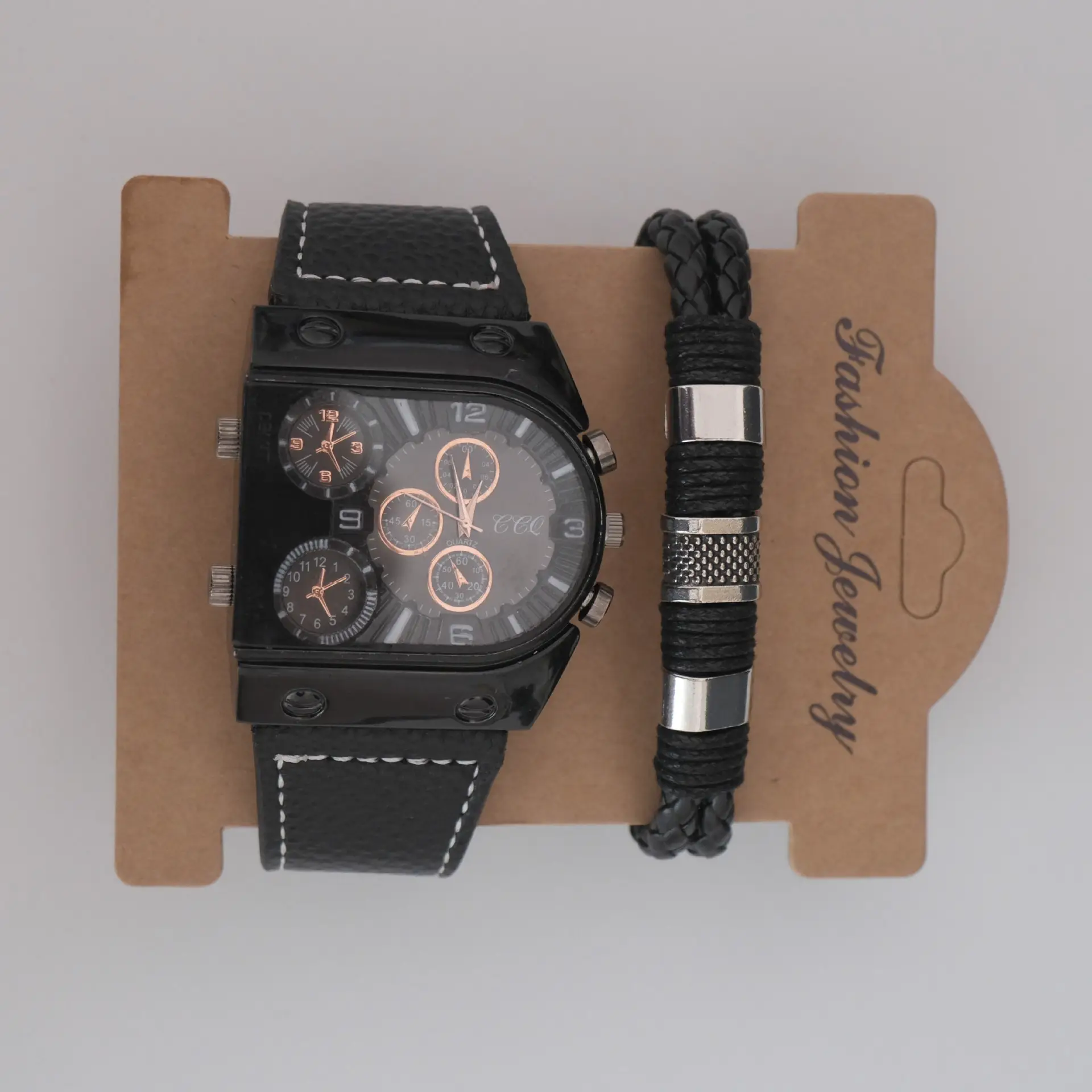 Quartz Watch with 3 Movements Black Leather Strap - Image 5