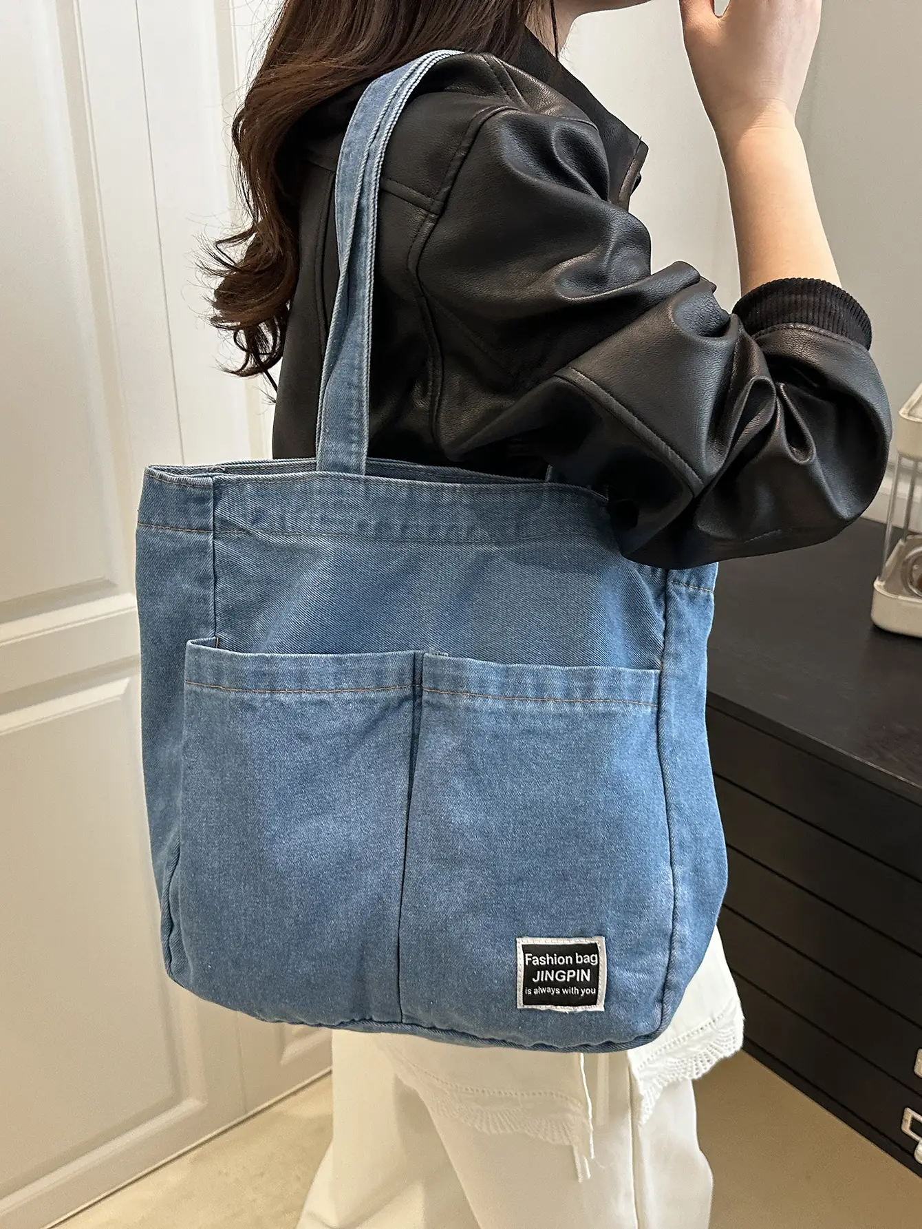 Women Denim Canvas Large Shoulder Bag Japanese Style - Image 3