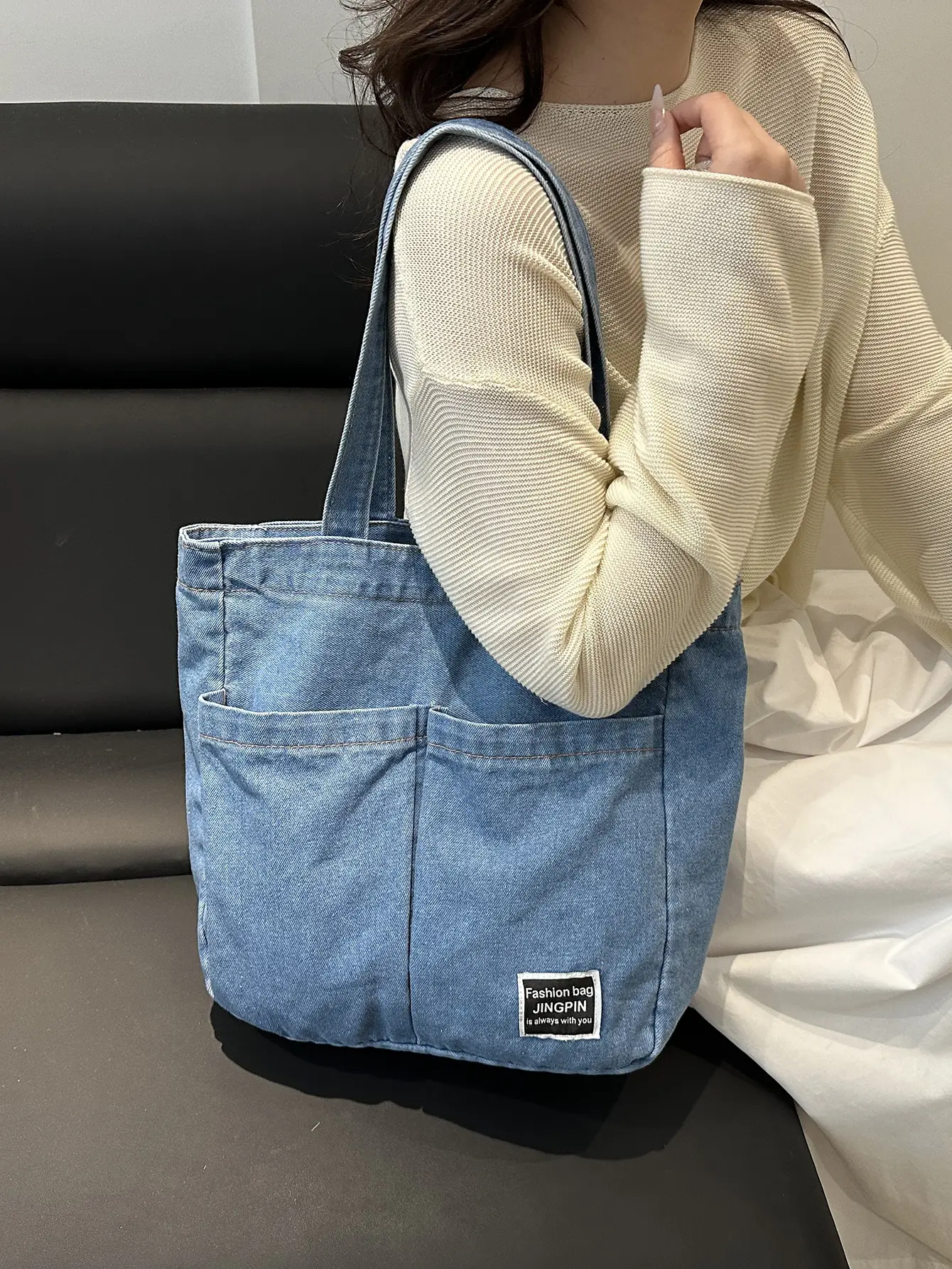 Women Denim Canvas Large Shoulder Bag Japanese Style - Image 4