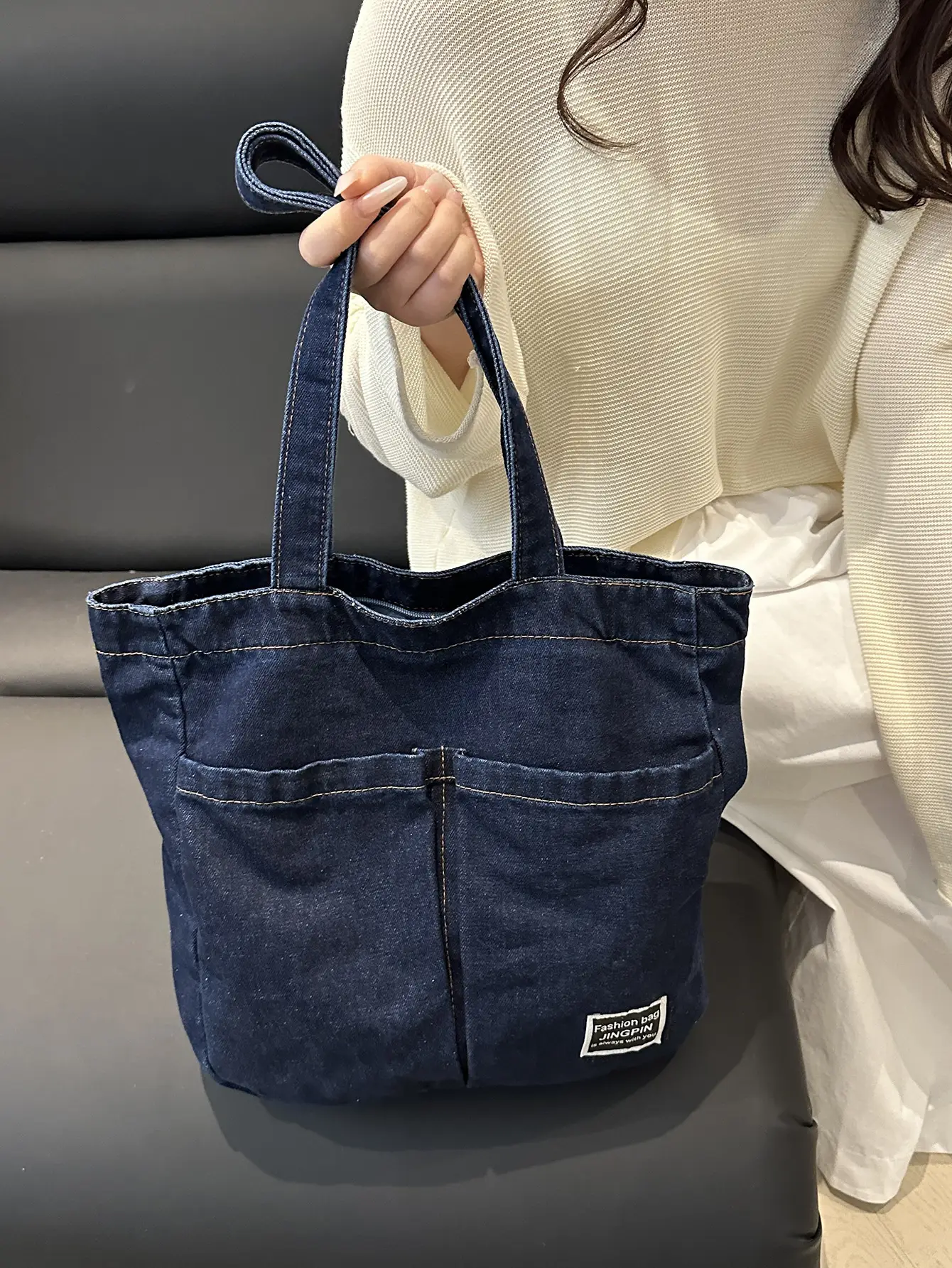 Women Denim Canvas Large Shoulder Bag Japanese Style - Image 5