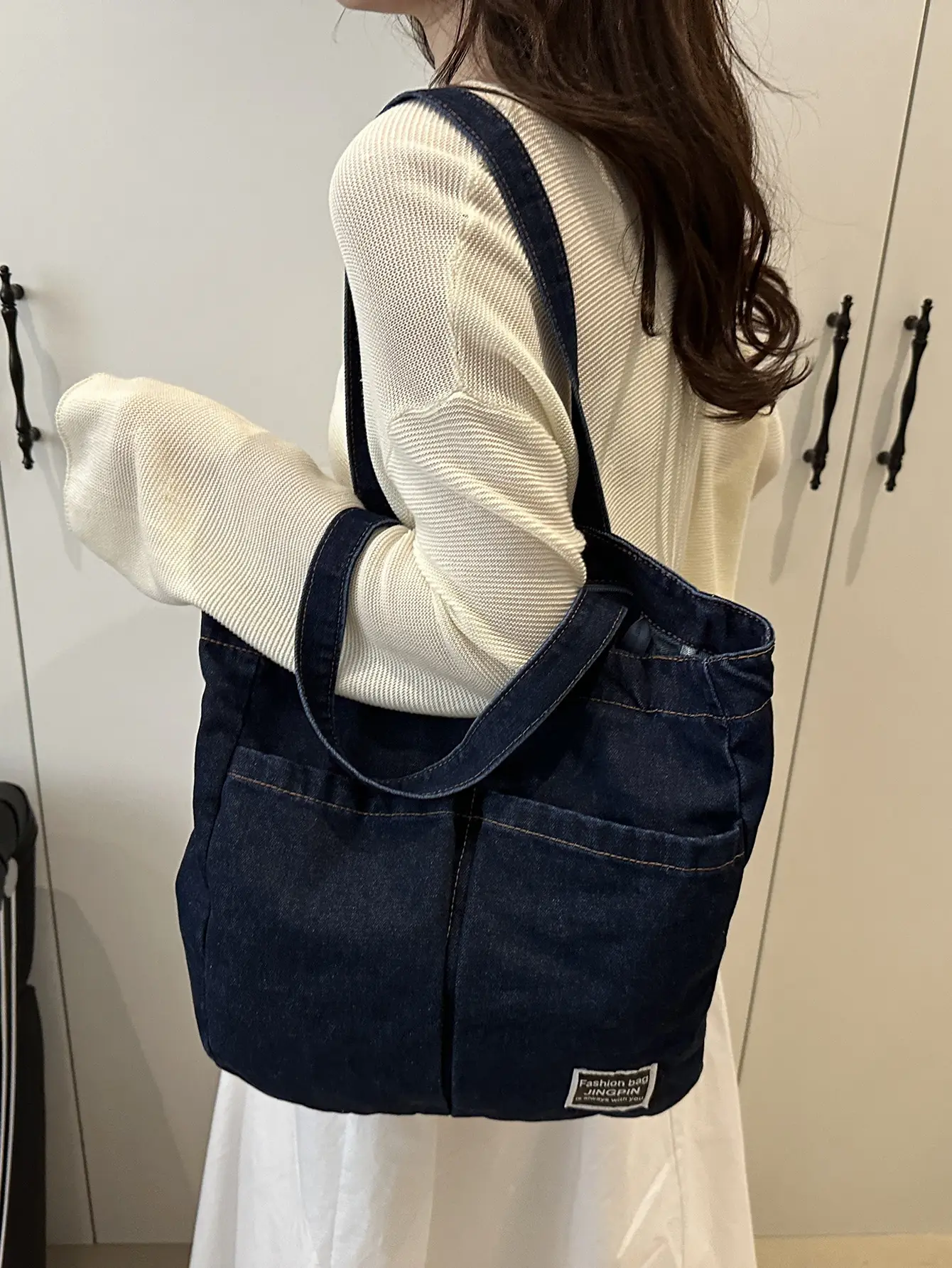Women Denim Canvas Large Shoulder Bag Japanese Style - Image 6