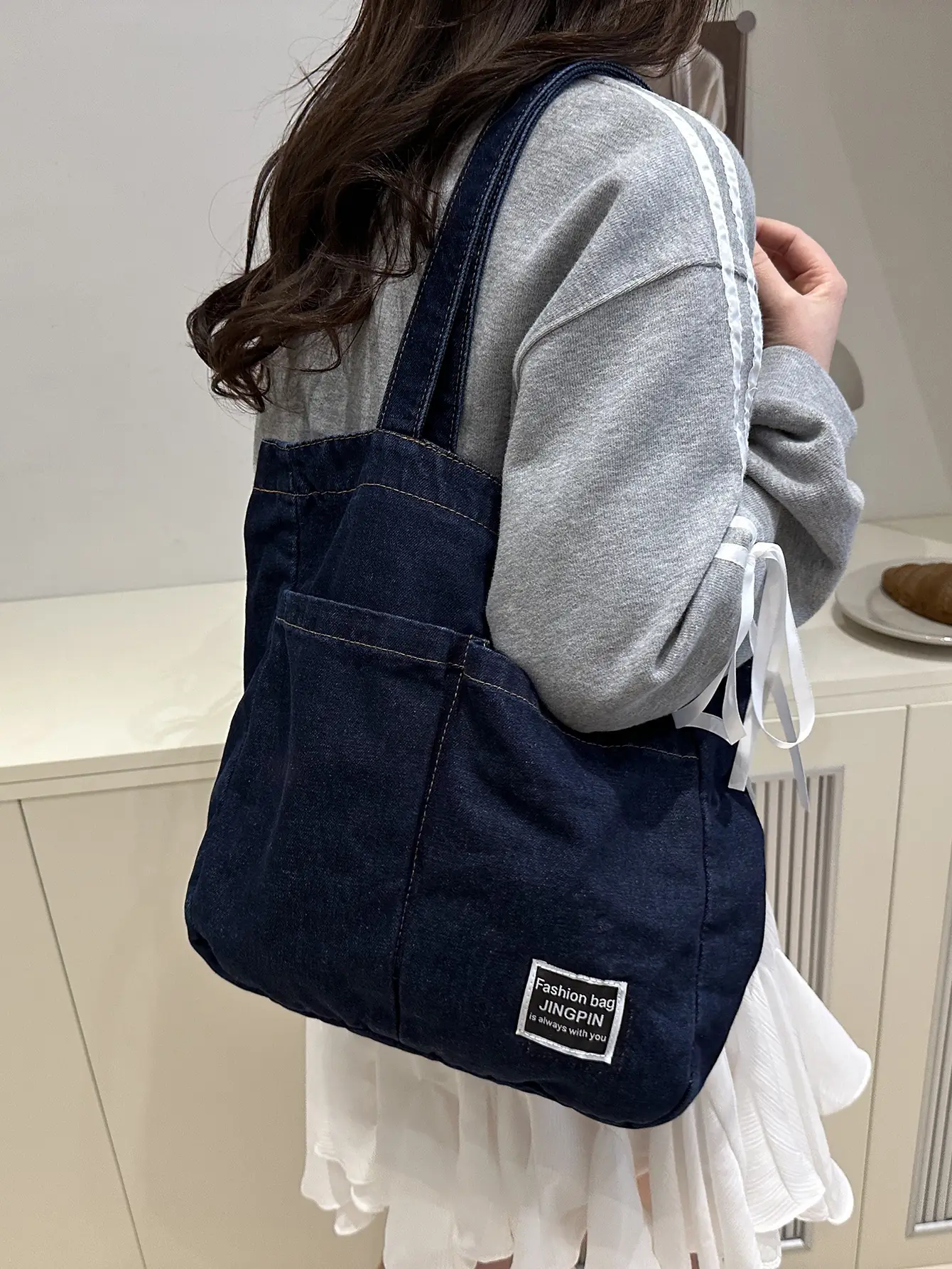 Women Denim Canvas Large Shoulder Bag Japanese Style - Image 7