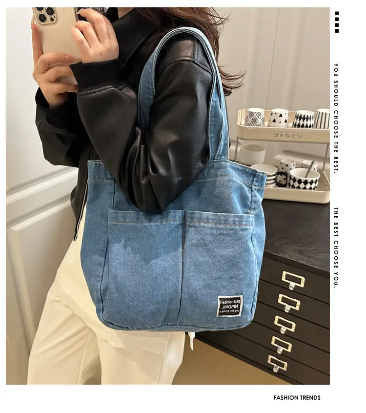 Women Denim Canvas Large Shoulder Bag Japanese Style — feature 1