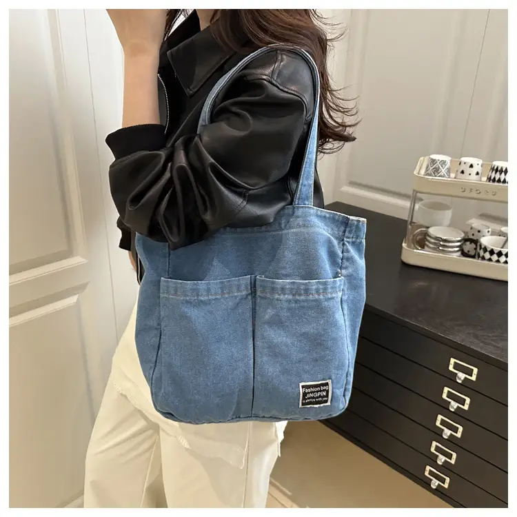 Women Denim Canvas Large Shoulder Bag Japanese Style — feature 12