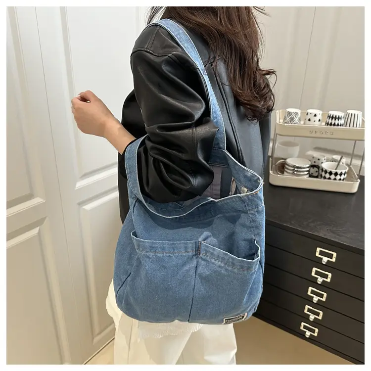 Women Denim Canvas Large Shoulder Bag Japanese Style — feature 13