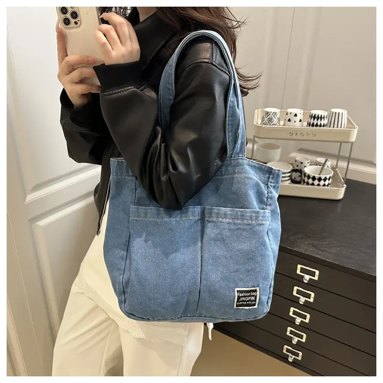 Women Denim Canvas Large Shoulder Bag Japanese Style — feature 14