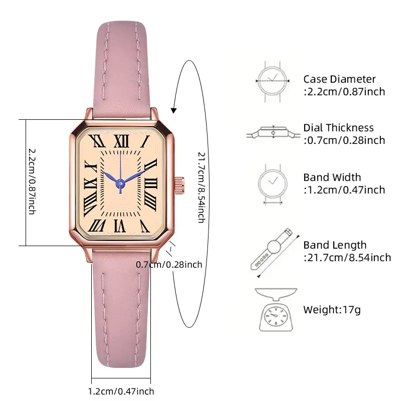 Women's Roman Square Watch with Leather Strap, Rose Gold, Quartz - Image 7