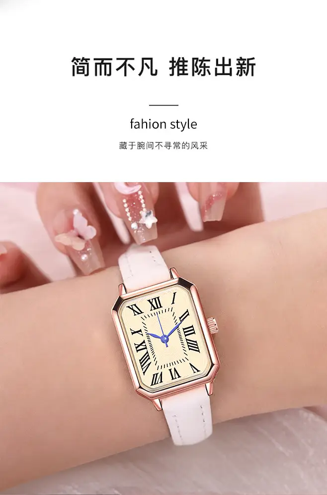 Women's Roman Square Watch with Leather Strap, Rose Gold, Quartz — feature 2