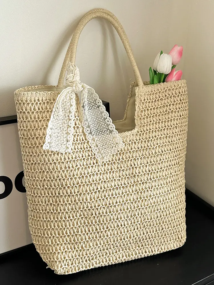 Hollow Straw Beach Bag Large Capacity Summer Casual Tote - Image 3