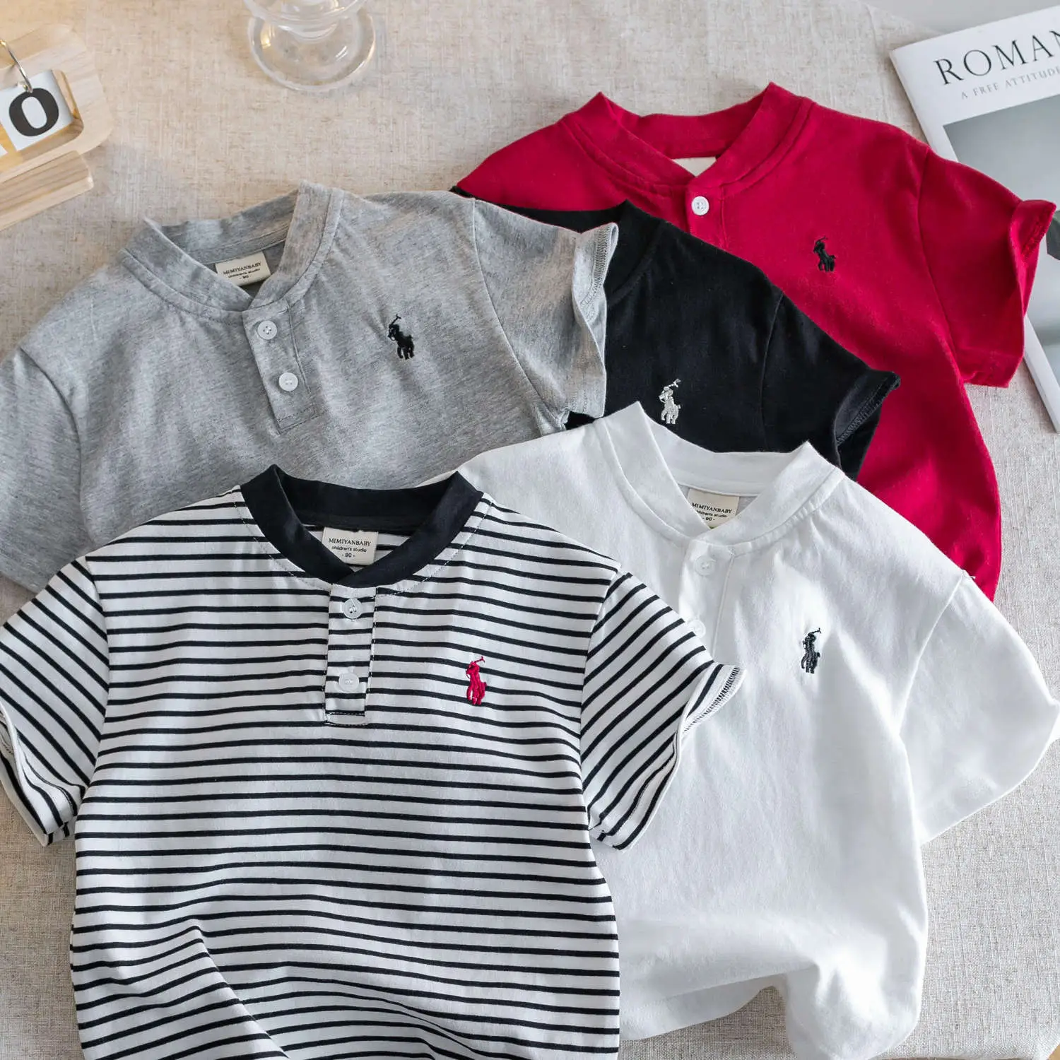Kids V-Neck Short Sleeve T-Shirt Grey Korean Style — feature 1