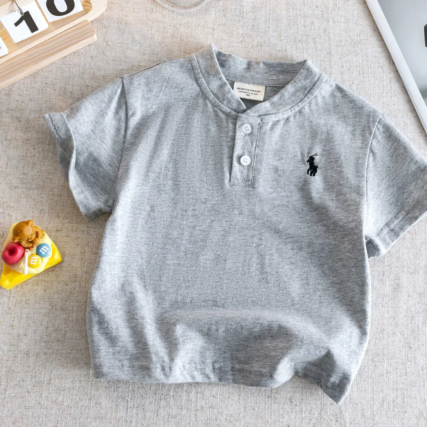 Kids V-Neck Short Sleeve T-Shirt Grey Korean Style