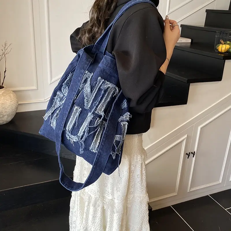 Denim Printed Letters One Shoulder Crossbody Tote Bag Large Capacity 2025